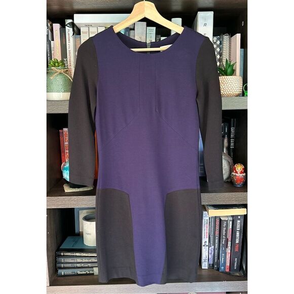 🐿️ Sandro Paris Color Block Blue & Black Half Sleeve Stretch Fitted Dress 1 SM - Picture 1 of 6